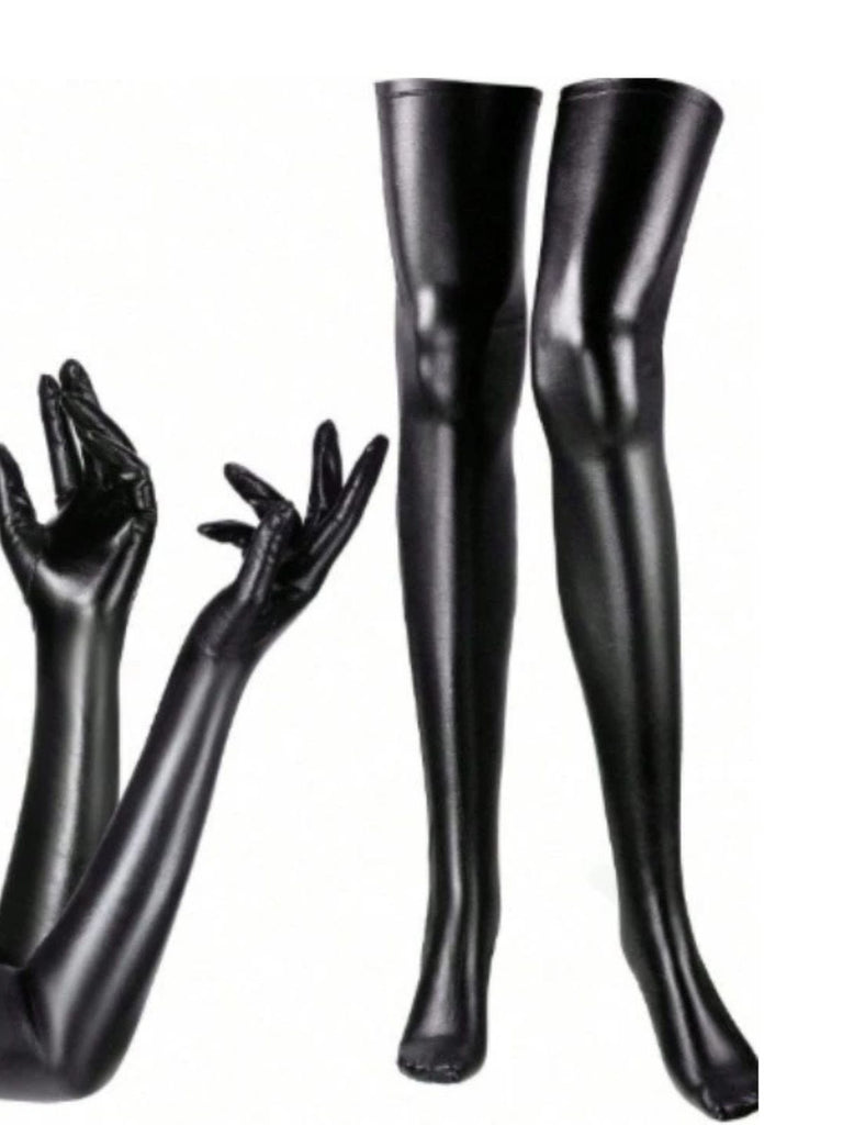 Halloween Black PU Leather Gloves & Thigh High Socks Set - vintage fashion, retro style, classic black