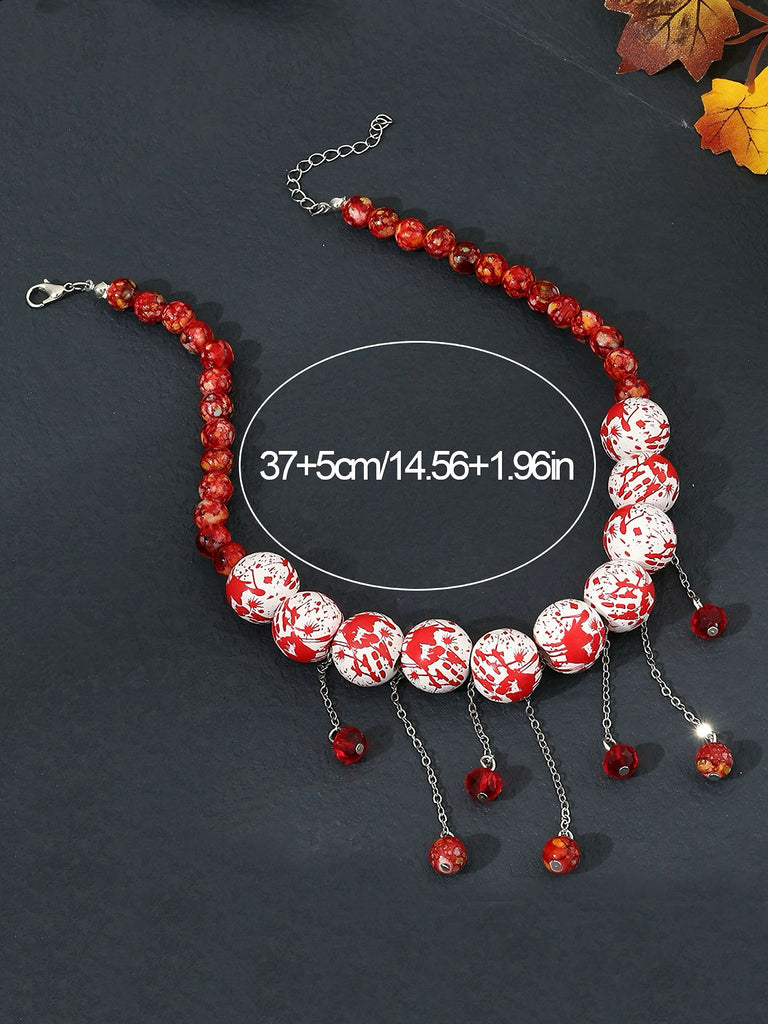 Halloween Blood Drop Beaded Tassel Necklace - vintage fashion, retro style
