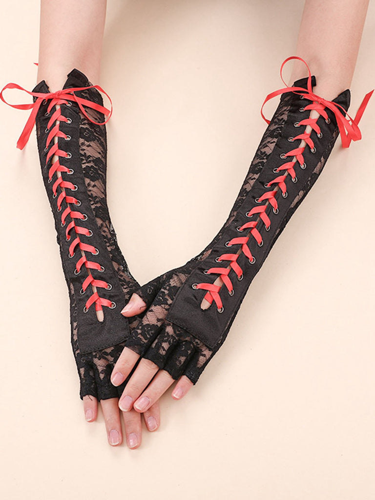 Halloween Punk Party Lace-Up Half Finger Gloves — vintage elegance in the palm of her hand