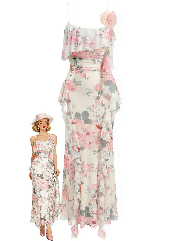 High-Waist-Rose-Print-Slit-Dress-Front-View