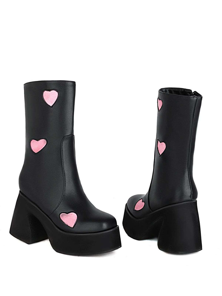Hollow Hearts Leather Chunky Platform Boots - vintage fashion, retro style
