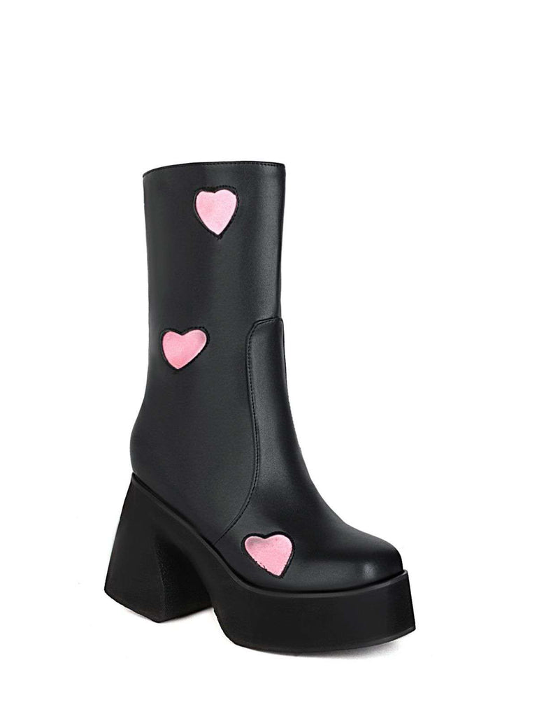 Hollow Hearts Leather Chunky Platform Boots - vintage fashion, retro style