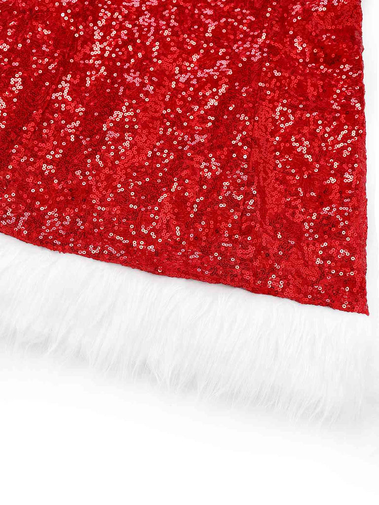 Red 1970s Christmas Sequined Off-Shoulder Plush Trim Dress