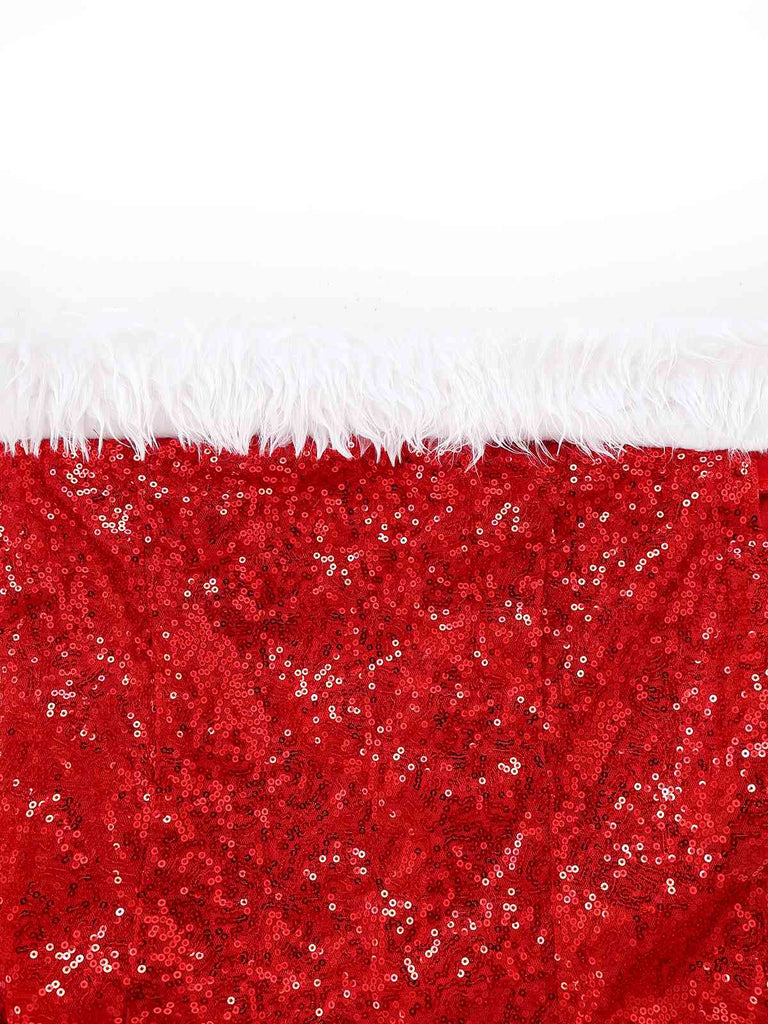 Red 1970s Christmas Sequined Off-Shoulder Plush Trim Dress