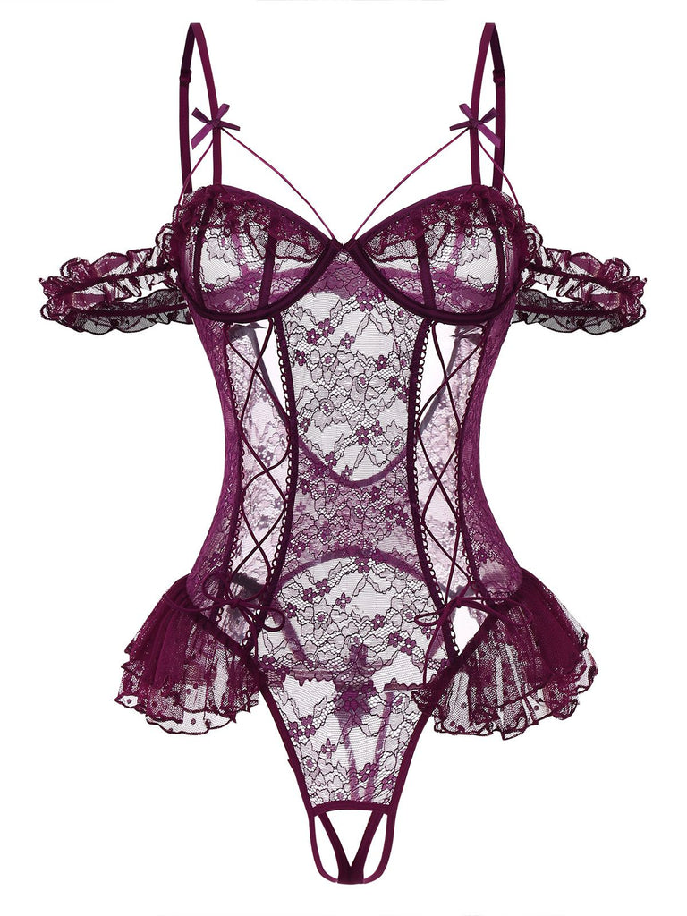 1980s Solid Lace Sheer Bodysuit Nighties