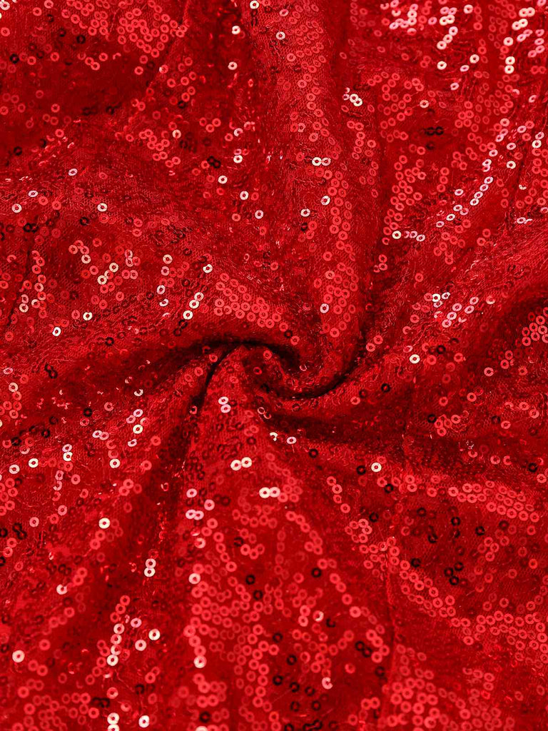 Red 1970s Christmas Sequined Off-Shoulder Plush Trim Dress