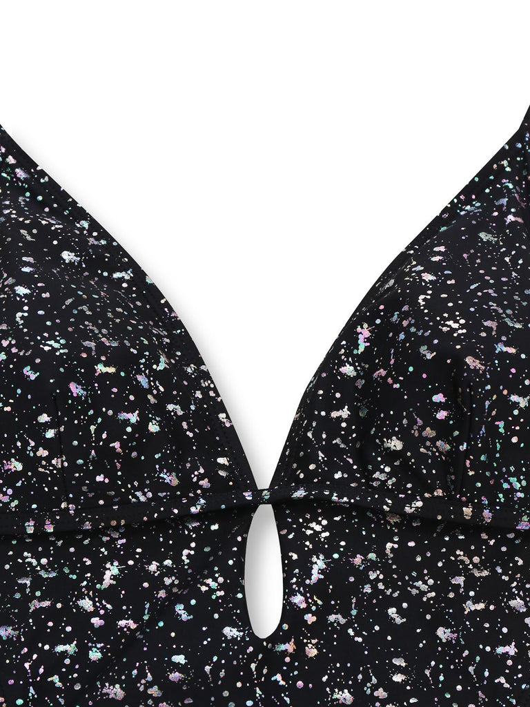 Black 1980s Reflective One-Piece Swimsuit