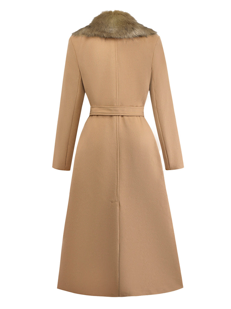 Khaki 1920s Solid Fur Collar Belted Coat