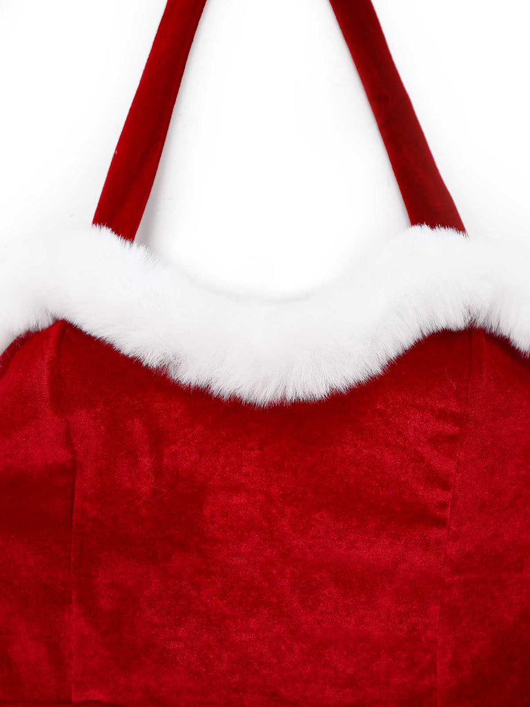 1970s Christmas Velvet Faux Fur Trim Halter Romper Set