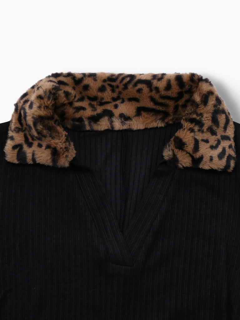 Black 1940s Leopard Faux Fur Trim Ribbed Knit Dress
