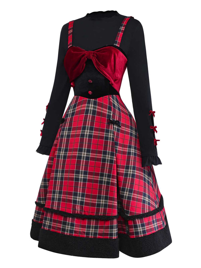 [Pre-Sale] 2PCS 1950s Velvet Bow Turtleneck Knitted Top & Plaid Dress