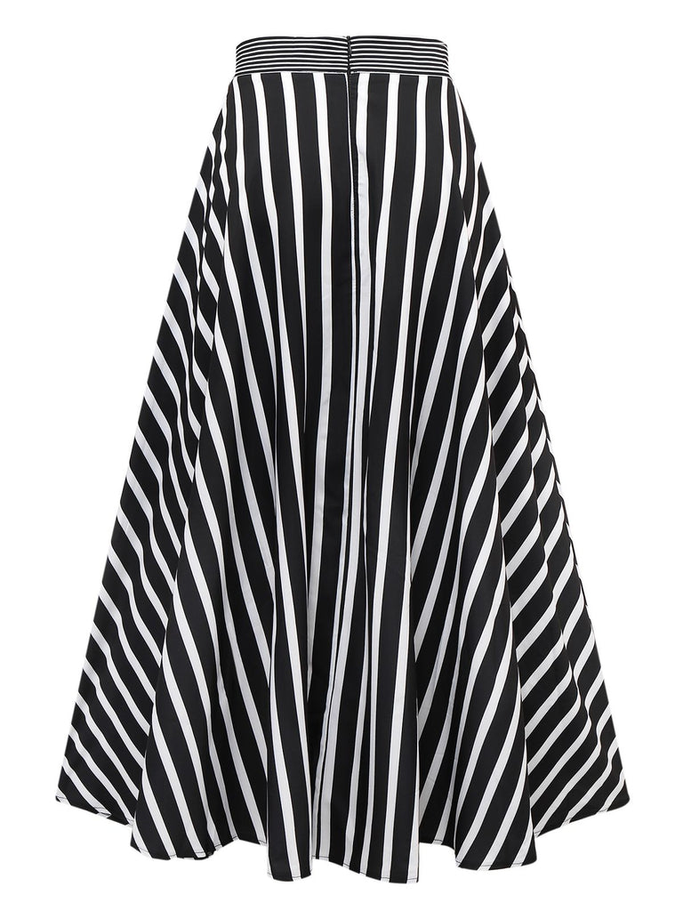 Black & White 1930s Striped High Rise Long Skirt