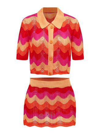 2PCS Multicolor 1970s Knit Cardigan & High-Waist Skirt