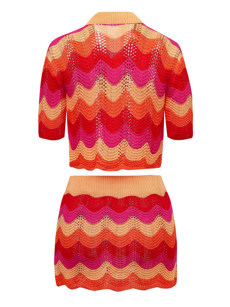 2PCS Multicolor 1970s Knit Cardigan & High-Waist Skirt