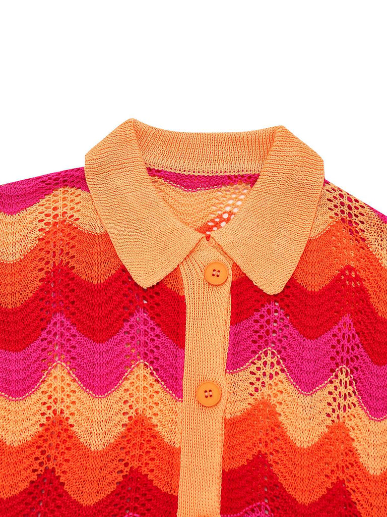2PCS Multicolor 1970s Knit Cardigan & High-Waist Skirt