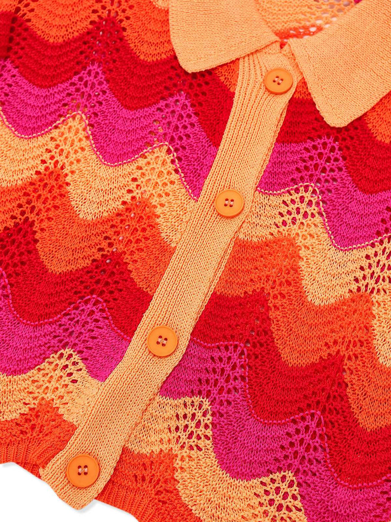 2PCS Multicolor 1970s Knit Cardigan & High-Waist Skirt