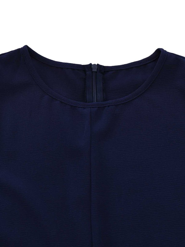 Navy Blue 1980s Belted Solid Romper