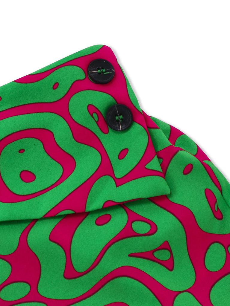 2PCS Green 1970s Button Abstract Print Cropped Top & Shorts