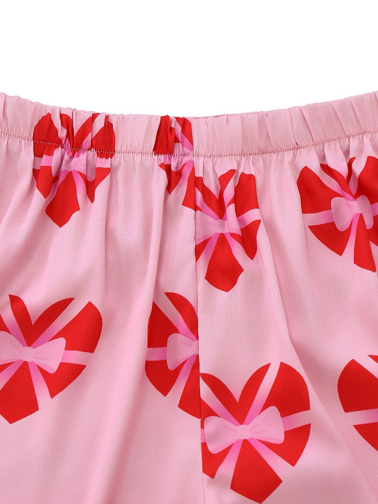 Pink 1980s Heart Bow Satin Pajama Set
