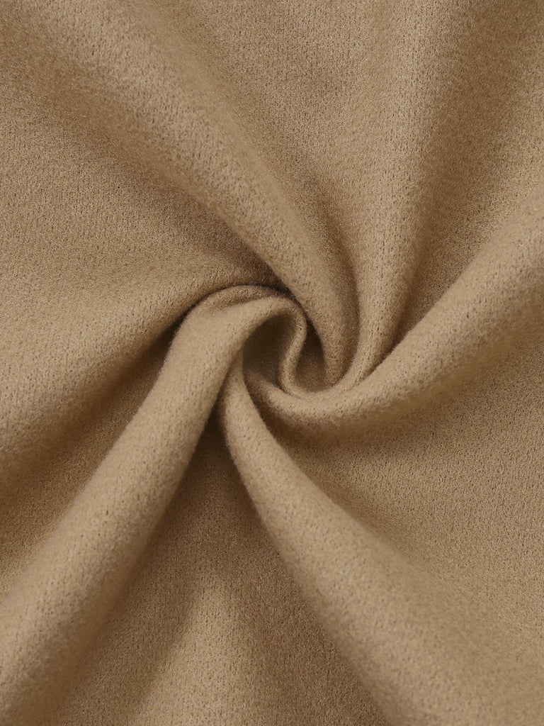 Khaki 1920s Solid Fur Collar Belted Coat