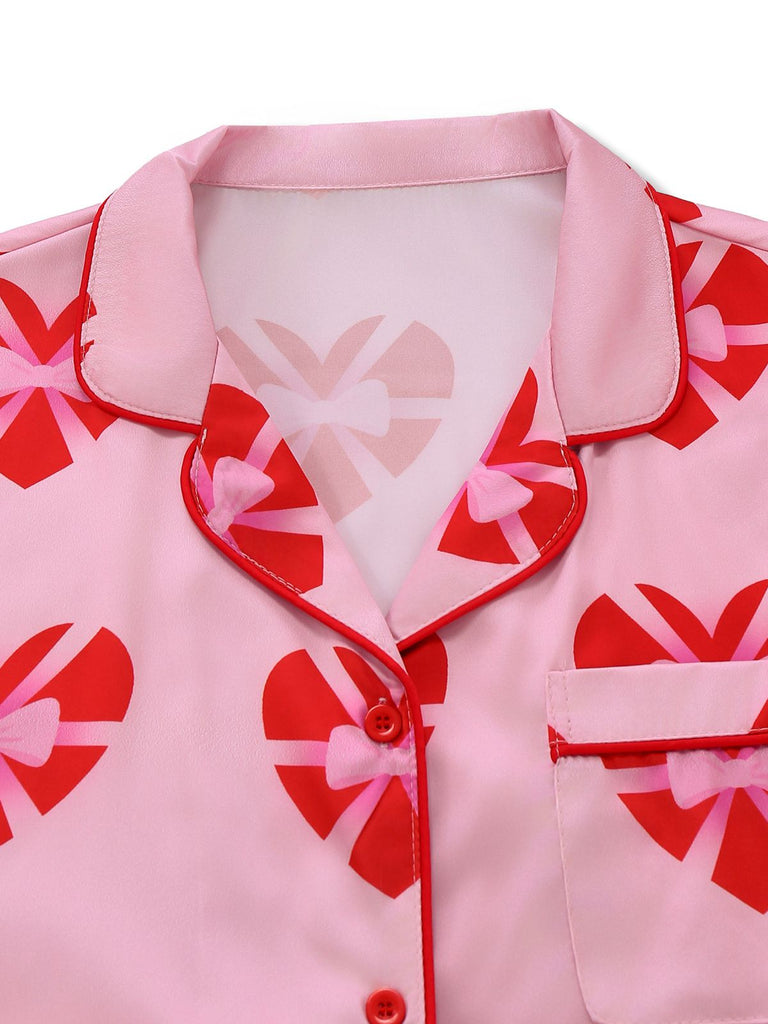 Pink 1980s Heart Bow Satin Pajama Set