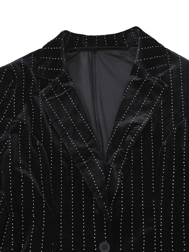 2PCS Black 1960s Velvet Sequin Blazer & Pants Set