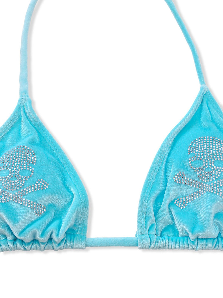 Blue 1980s Velvet Rhinestone Skull Print Bikini Set