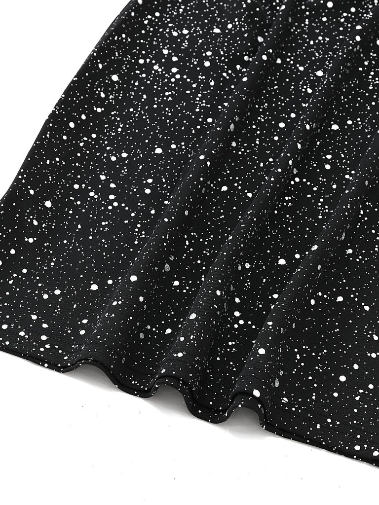 Black 1980s Lace Off-Shoulder Metallic Silver Splash Bodycon Dress