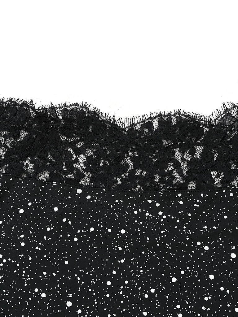 Black 1980s Lace Off-Shoulder Metallic Silver Splash Bodycon Dress