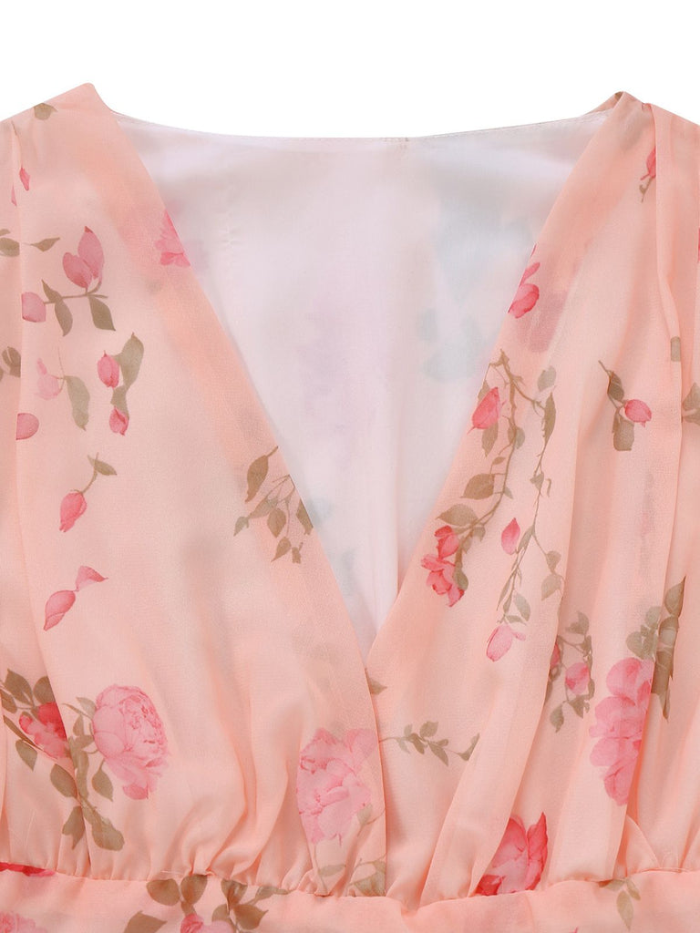 Pale Pink 1930s Floral V-Neck Chiffon Dress