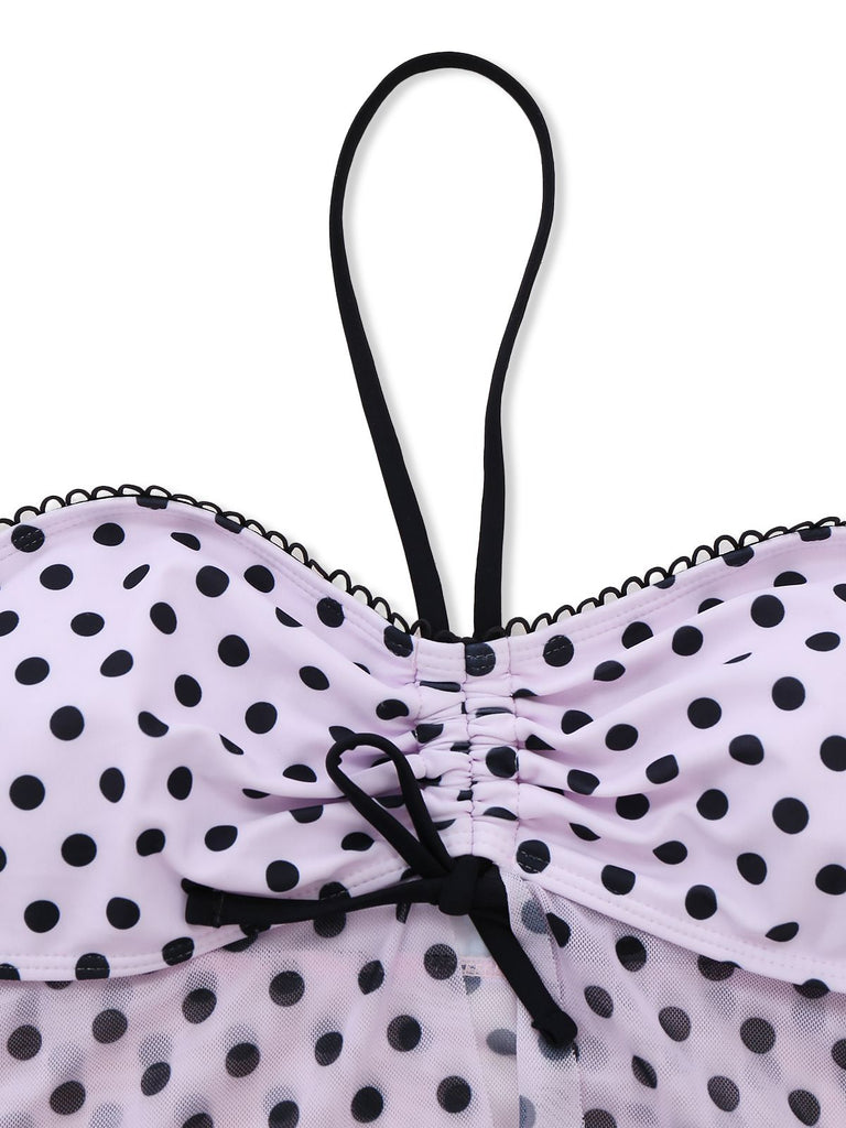 Pink 1950s Halter Polka Dot Bow Tankini Set