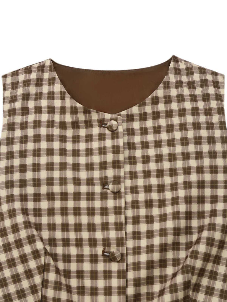 2PCS Brown 1960s Gingham Plaid Pleated Vest & Skirt