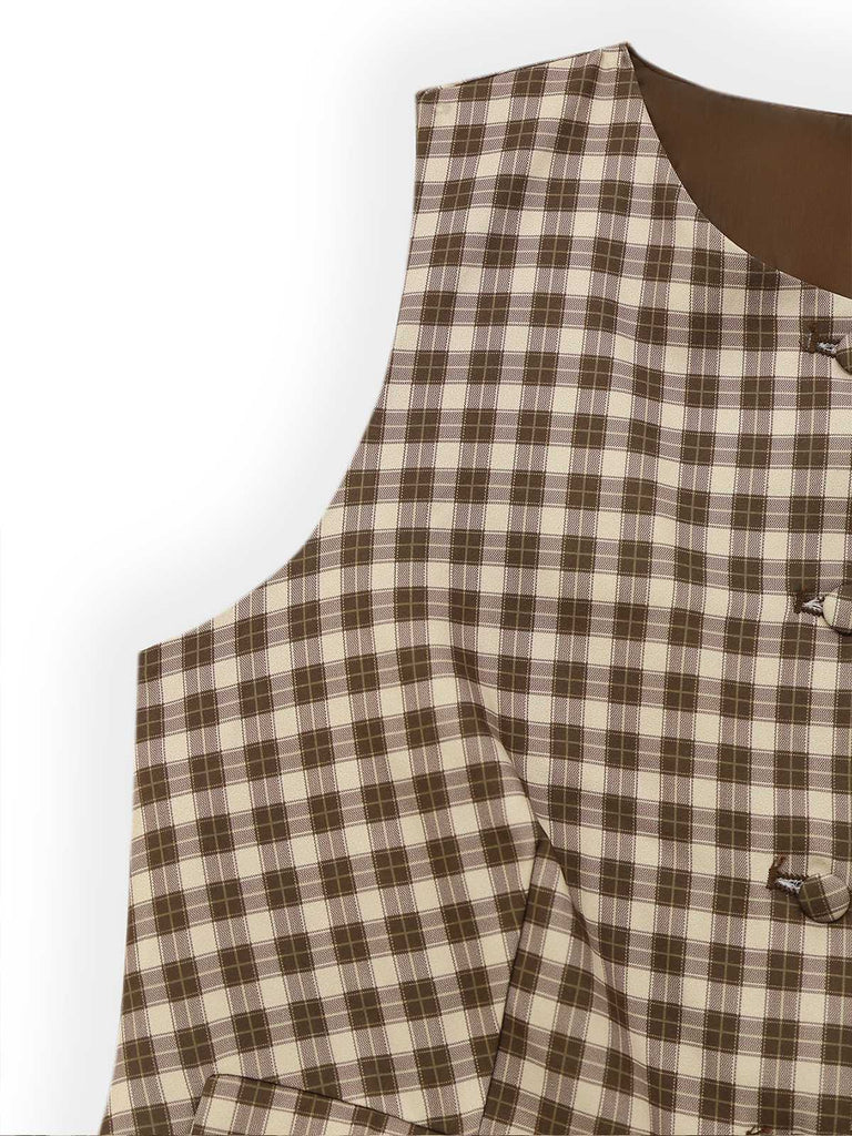 2PCS Brown 1960s Gingham Plaid Pleated Vest & Skirt