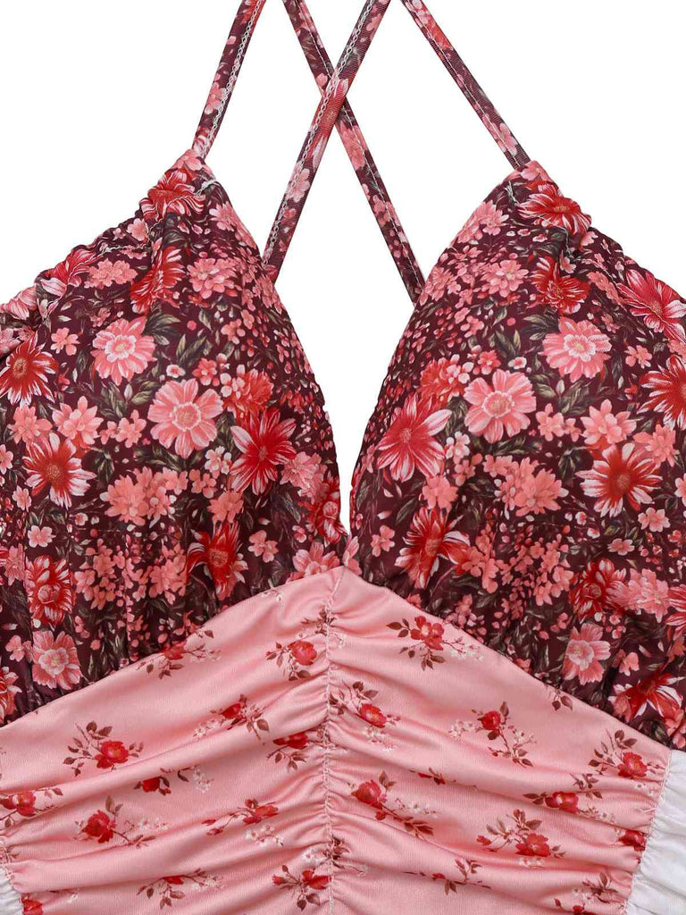 Multicolor 1930s Quilt Floral Print Ruffled Strap Dress