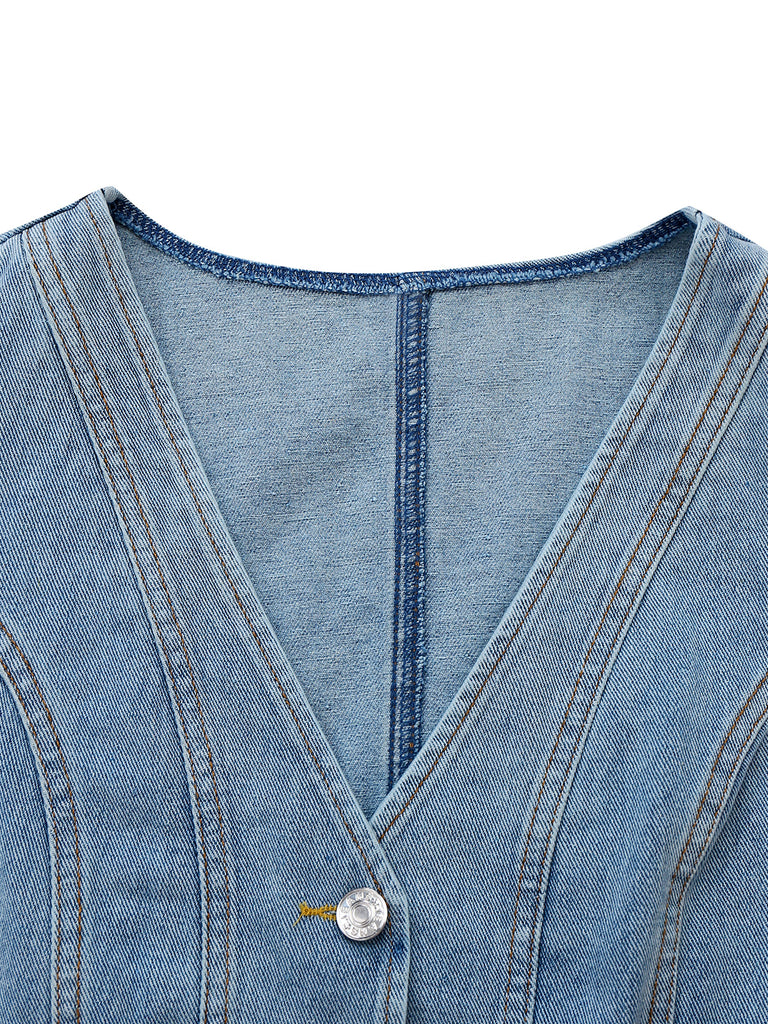 1970s V-Neck Denim Cropped Vest