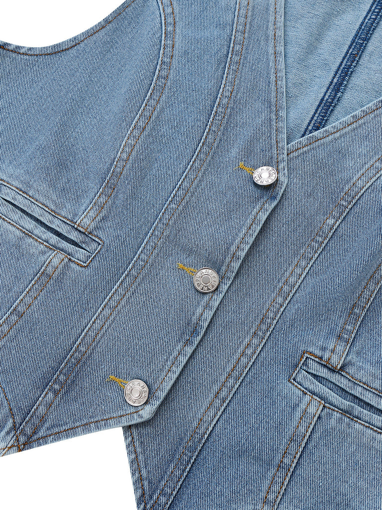1970s V-Neck Denim Cropped Vest