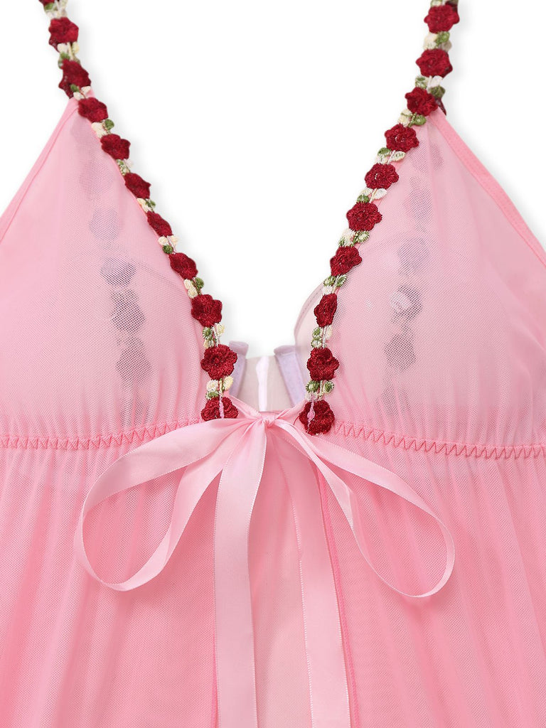 Dark Pink 1950s Deep V-Neck Embroidered Flower Pajama Set