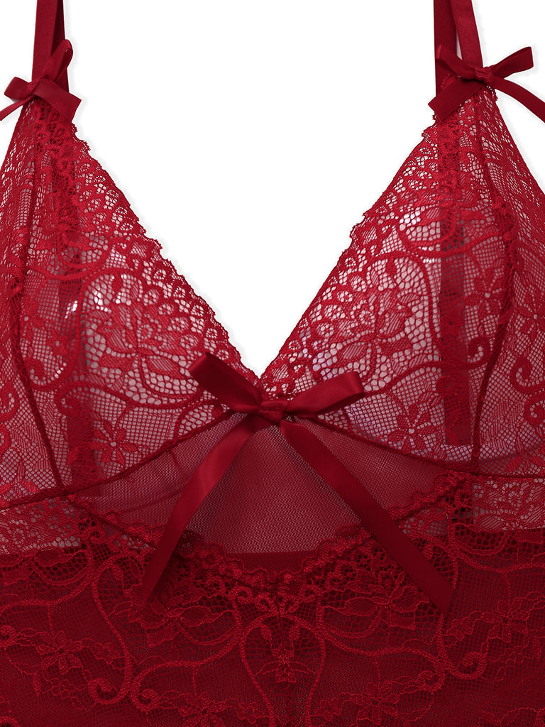 Wine Red 1950s Strap Lace Bow Nightgown