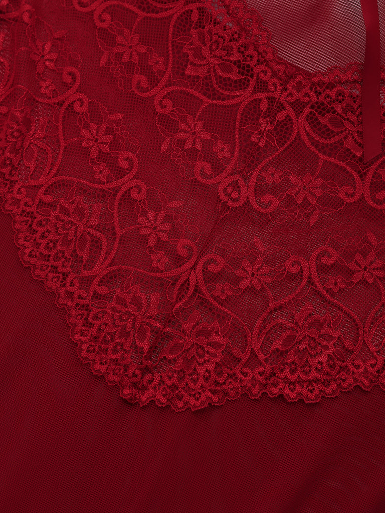 Wine Red 1950s Strap Lace Bow Nightgown