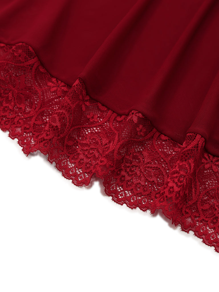 Wine Red 1950s Strap Lace Bow Nightgown