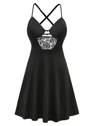 Black 1950s Solid Lace Strappy Nightdress