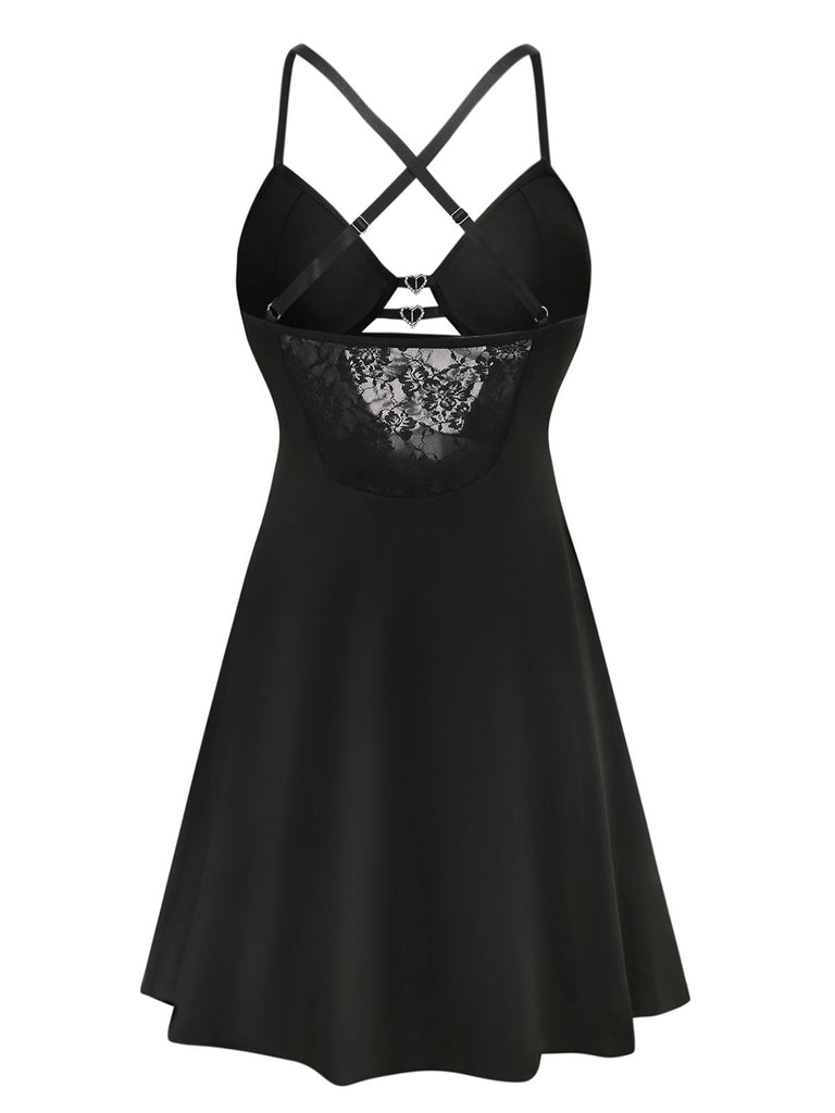Black 1950s Solid Lace Strappy Nightdress