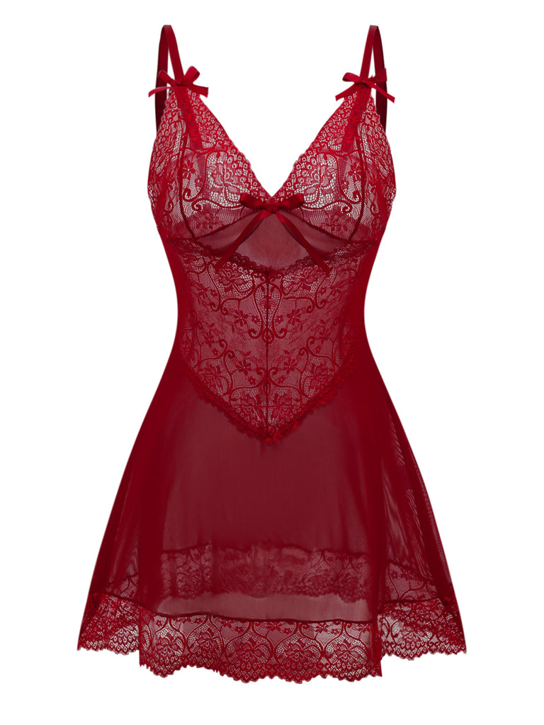Wine Red 1950s Strap Lace Bow Nightgown