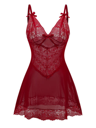 Wine Red 1950s Strap Lace Bow Nightgown