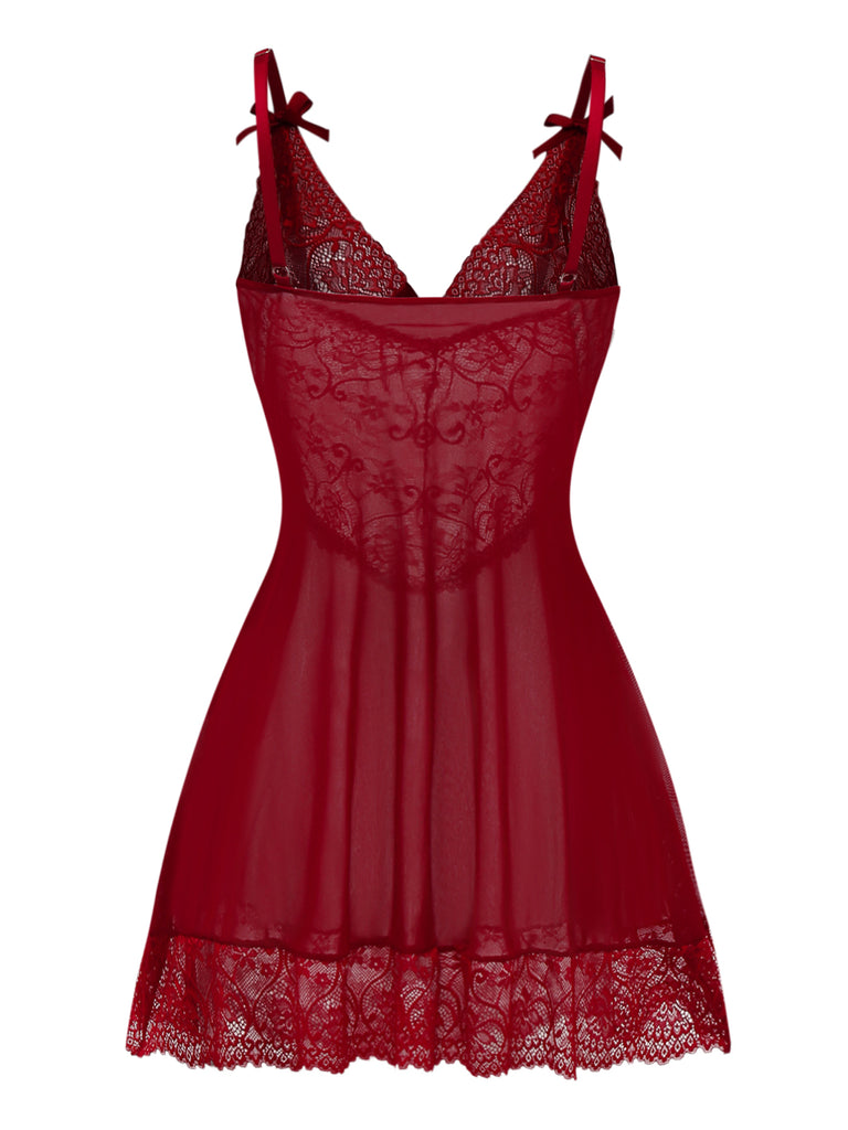 Wine Red 1950s Strap Lace Bow Nightgown