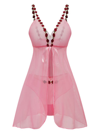 Dark Pink 1950s Deep V-Neck Embroidered Flower Pajama Set