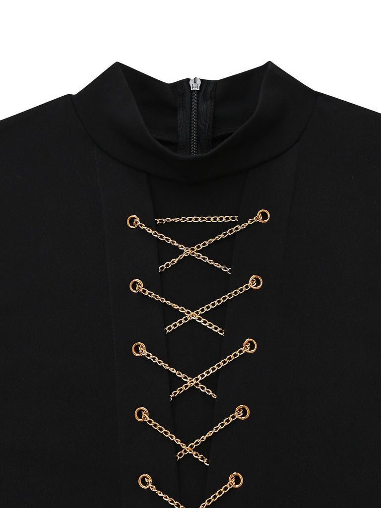 Black 1930s Sleeveless Chain Drawstring Half-Turtleneck Jumpsuit