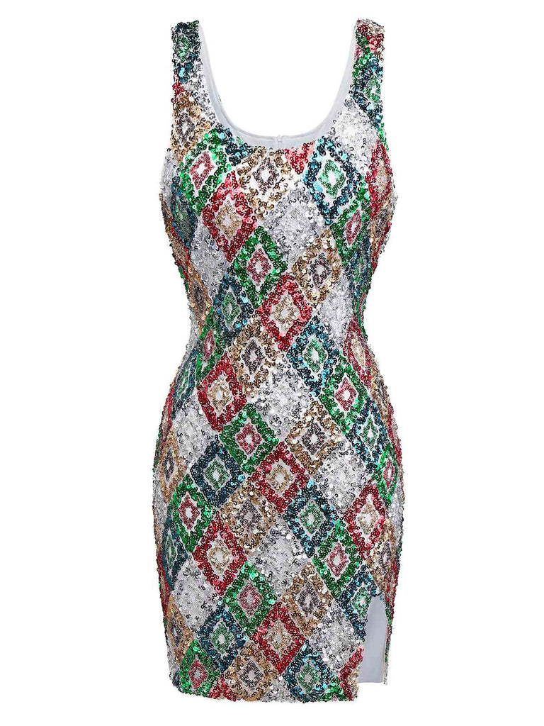 Multicolor 1970s Argyle Sequined Bodycon Dress