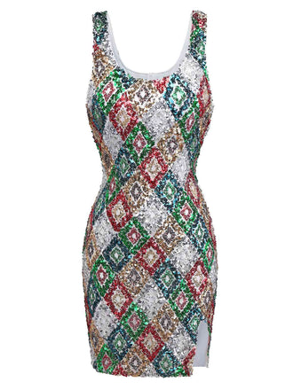 Multicolor 1970s Argyle Sequined Bodycon Dress