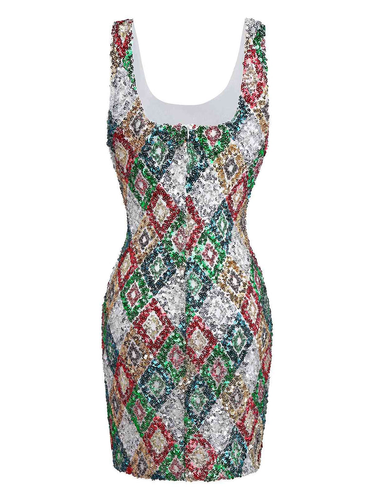 Multicolor 1970s Argyle Sequined Bodycon Dress
